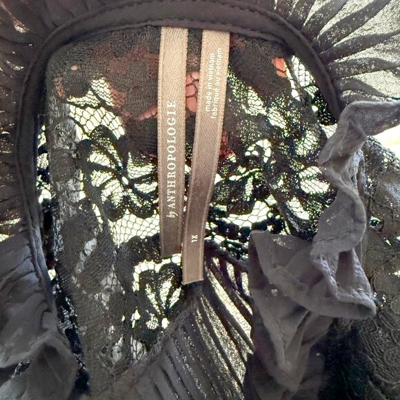 Anthropologie Sheer Pleated Ruffled Blouse Navy Blue | Corporate Goth | Size 1X - Picture 12 of 14